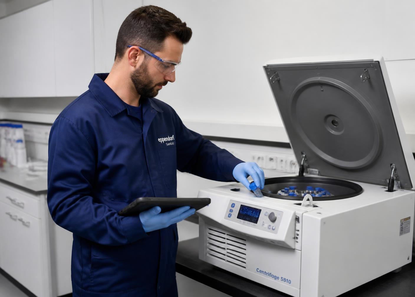 Técnico especializado realizando mantenimiento preventivo a una centrífuga de laboratorio